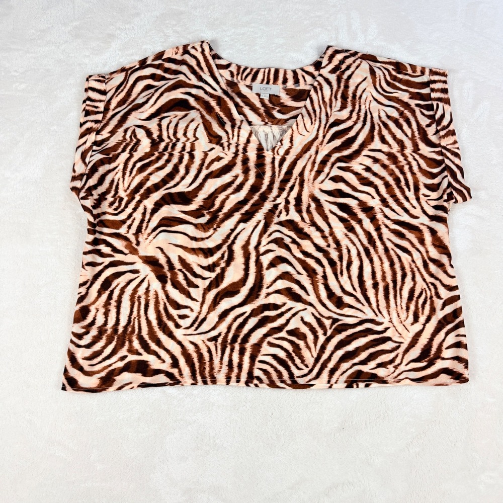 LOFT Outlet Tiger Print Top Womens XL Brown Animal Print V Neck Short Sleeve